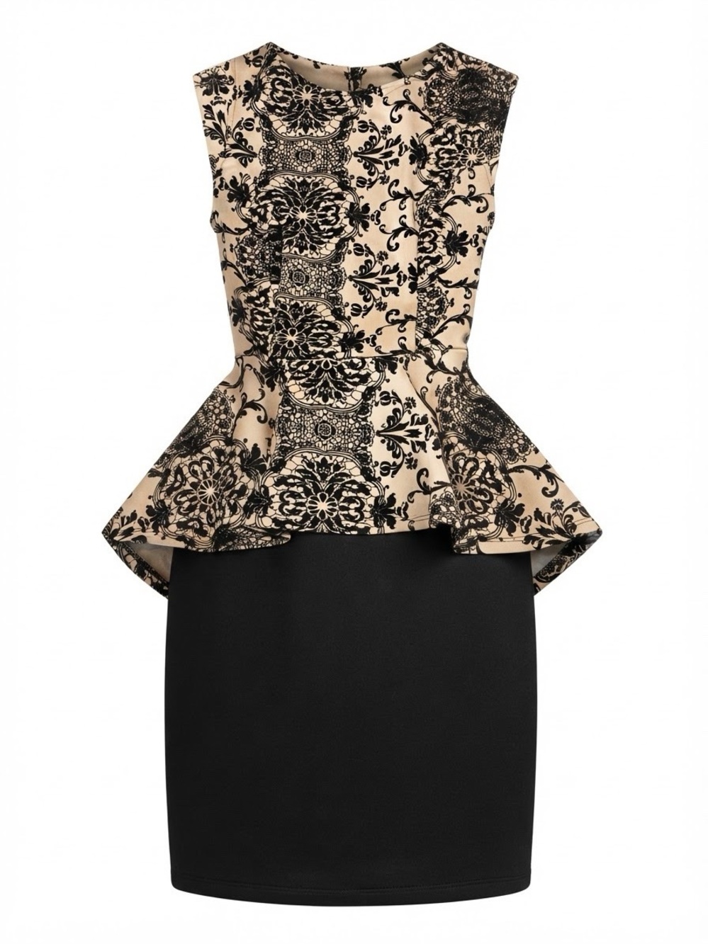 Black Lace & Beige Floral Fit-and-Flare Dress